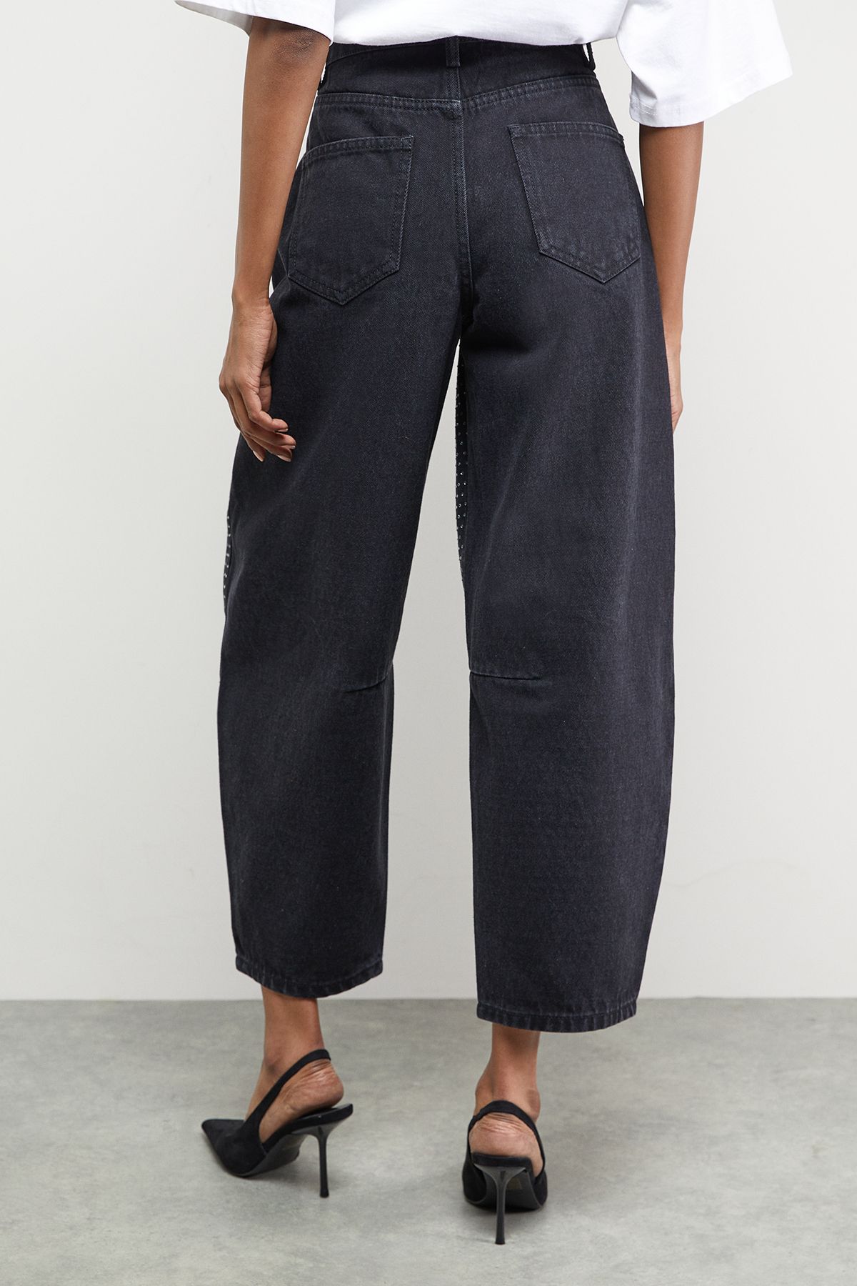 Warehouse Rhinestone Barrel Leg Jean Washed Black image 3