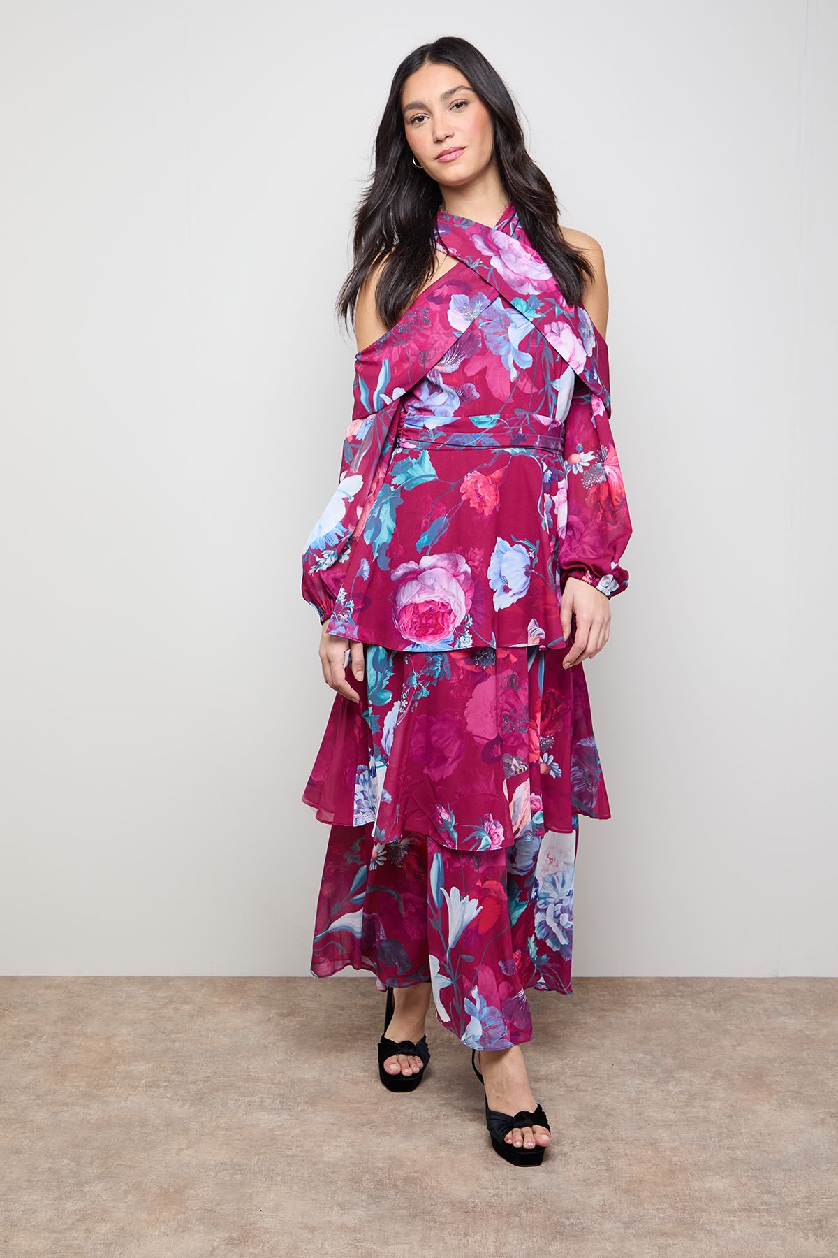 Oasis Printed Halterneck Off The Shoulder Tiered Maxi Dress Floral image 1