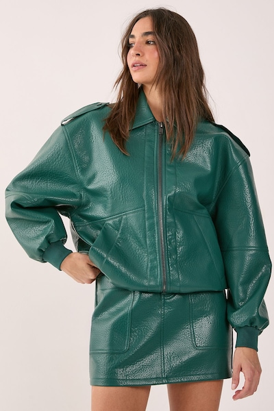 NastyGal Textured Faux Leather Zip Through Bomber Jacket Forest