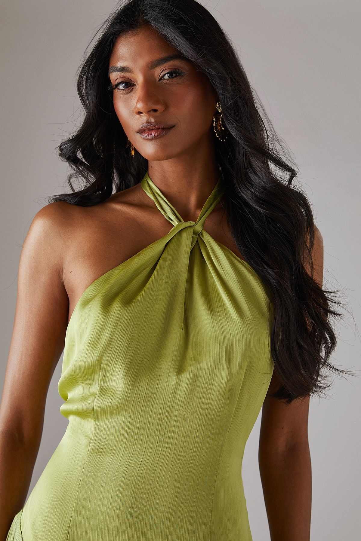 Warehouse Hen Satin Crinkle Fringe Knot Halter Mini Dress Olive image 2