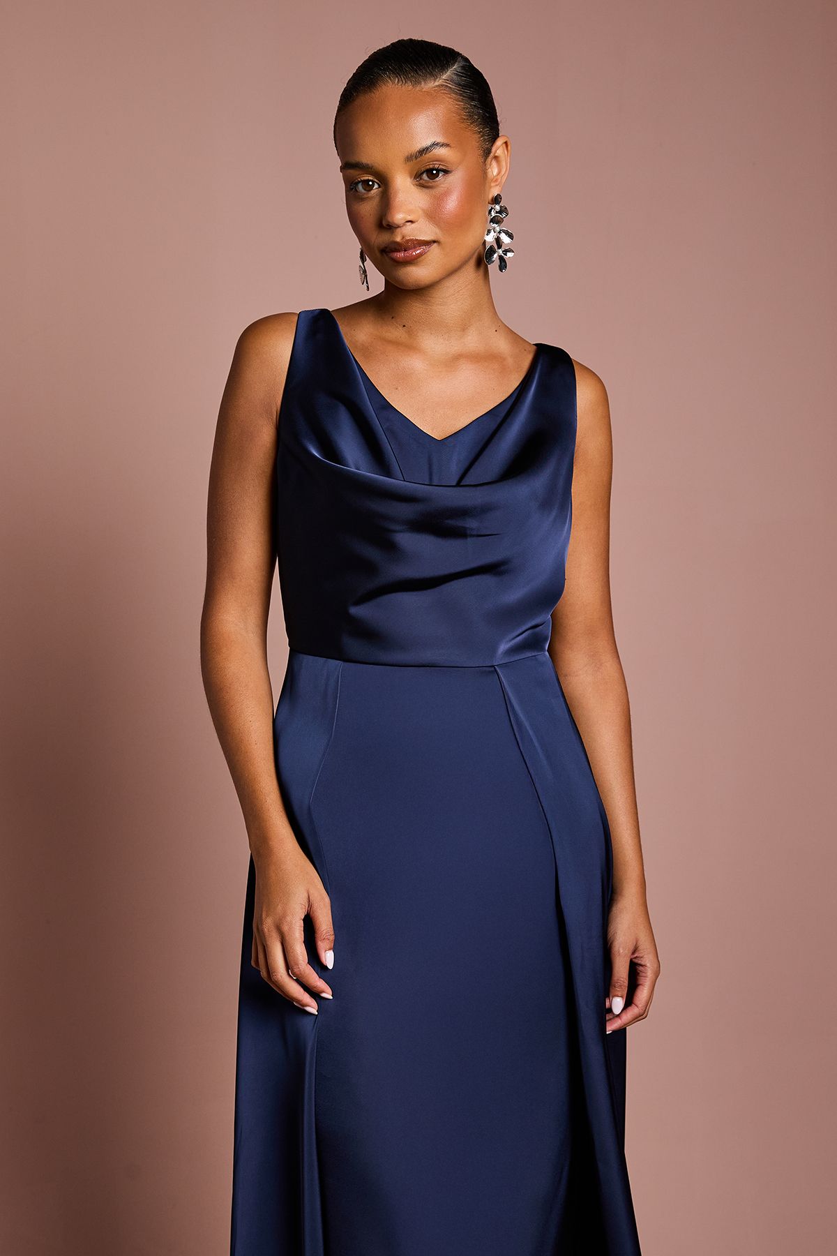 Coast Coast Honoured Petite Sleeveless Cowl Neck Satin Maxi Bridesmaid Dress Navy image 2