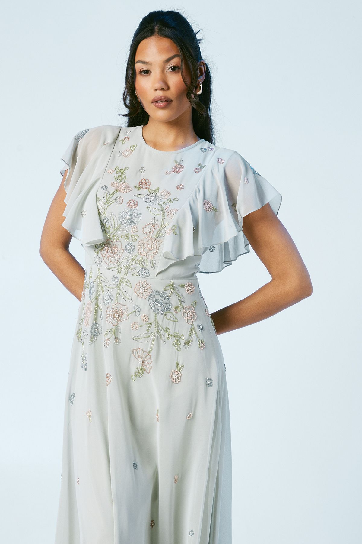 Coast Flutter Sleeve Embellished Ditsy Floral Bridesmaid Dress Sage image 4