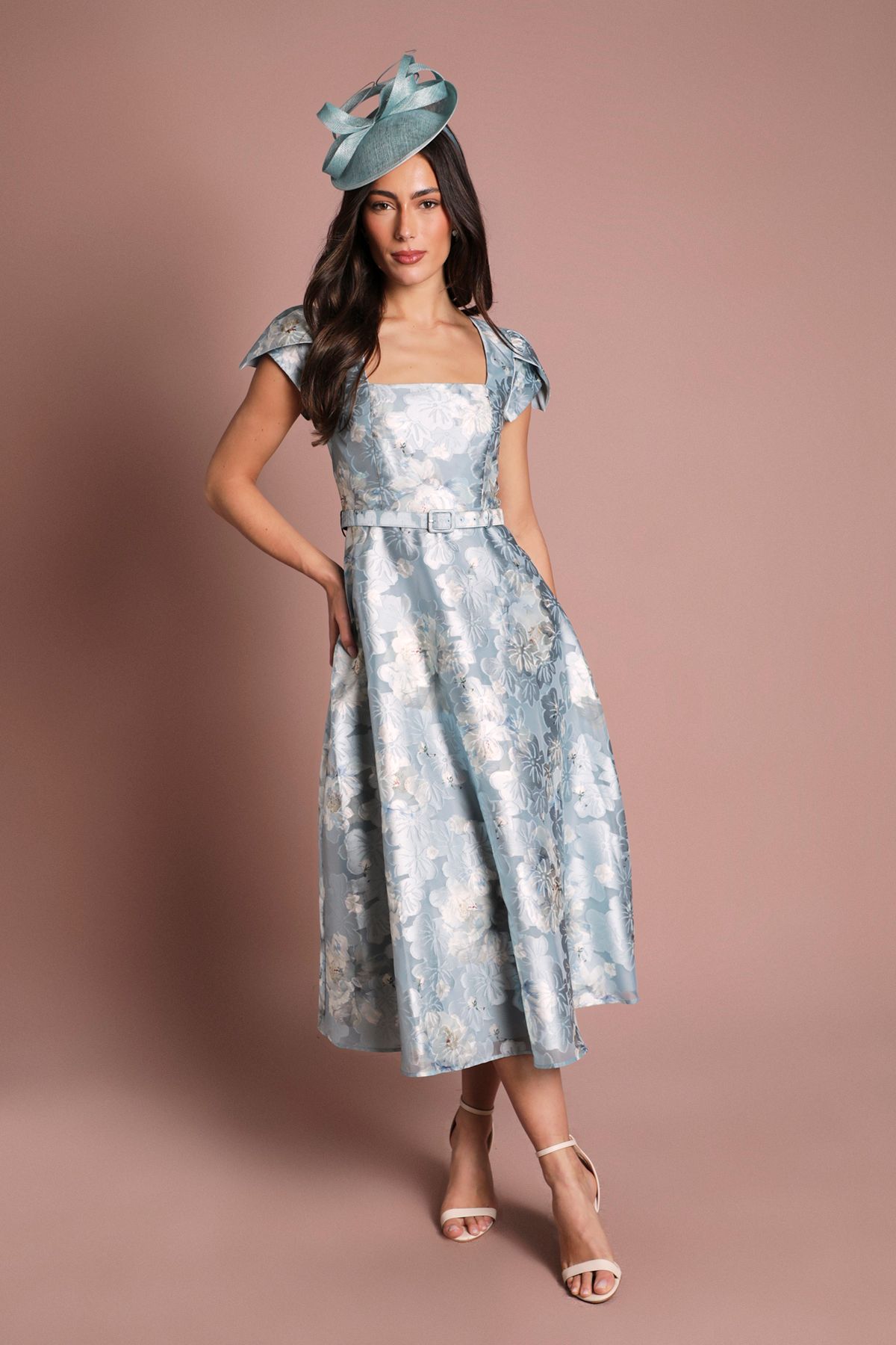 Coast Printed Cap Sleeve Square Neck Belted Midi Dress Pale Blue