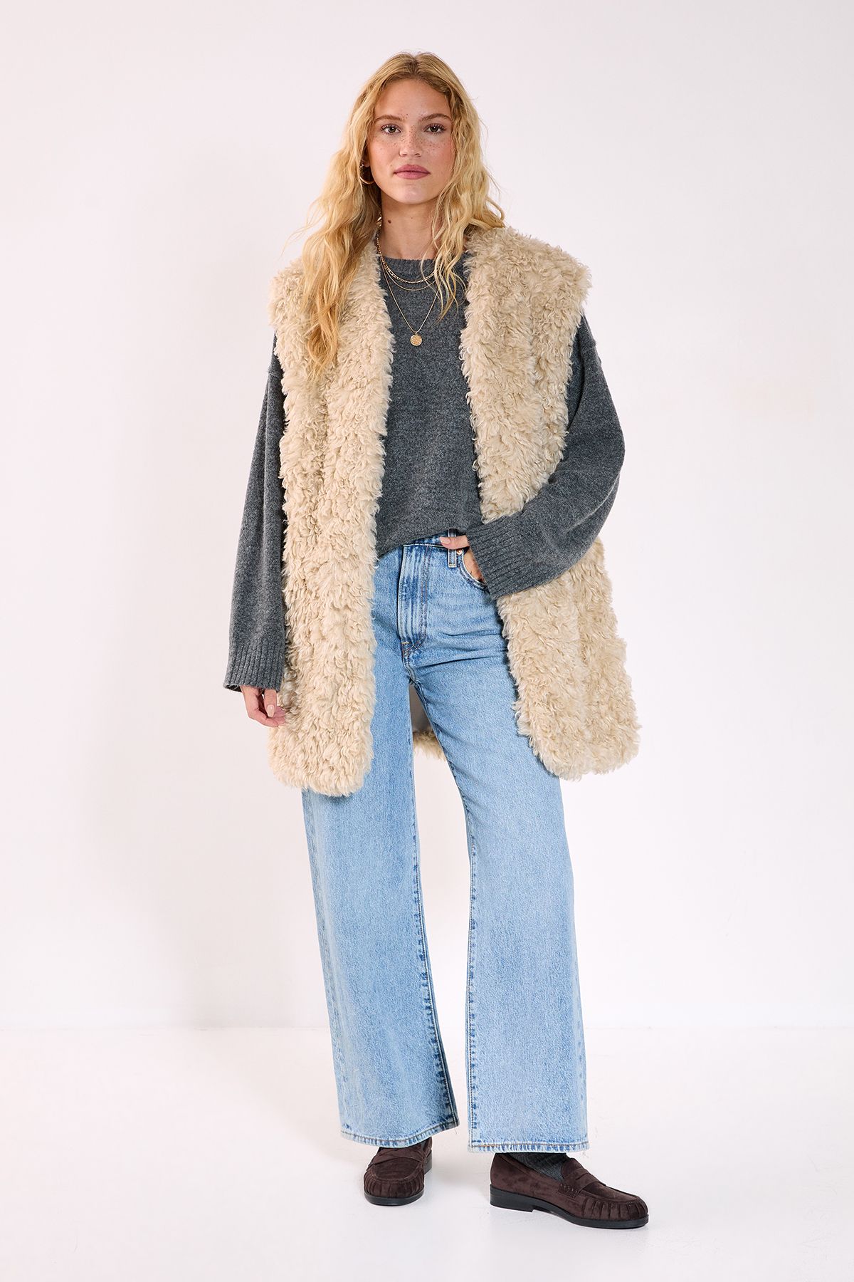 NastyGal Curly Faux Fur Borg Gilet Ecru image 2