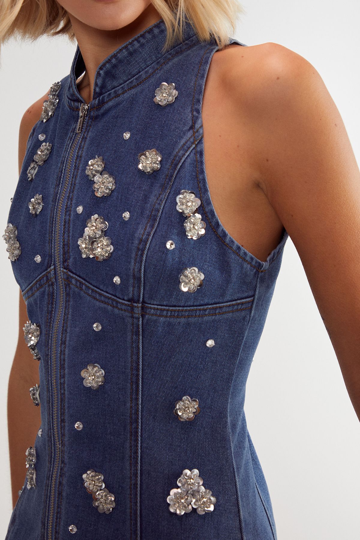 NastyGal Limited Embellished Flower Applique Mini Dress Authentic Denim image 3