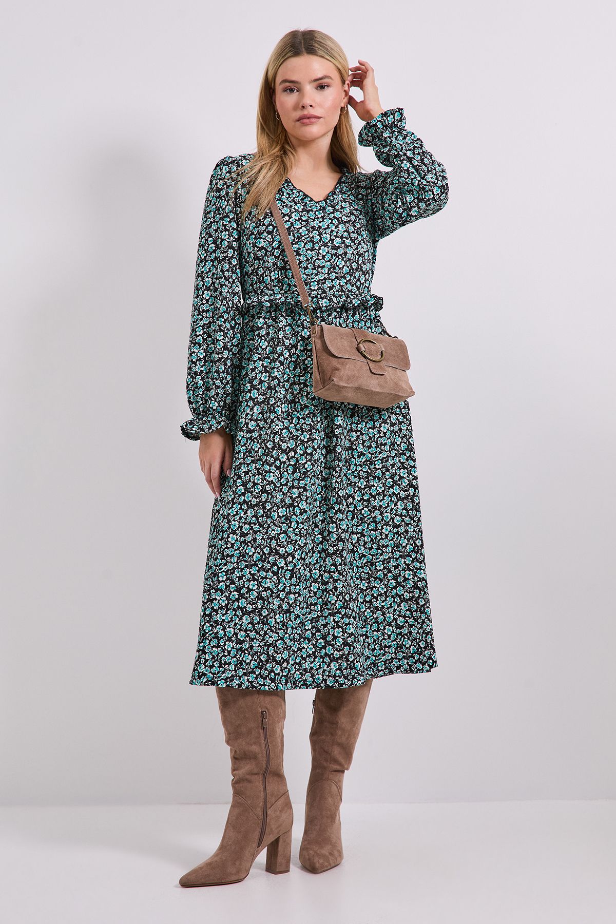 Dorothy Perkins Frill Neck Blouson Sleeve Midi Dress Green