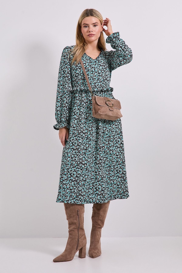 Dorothy Perkins Frill Neck Blouson Sleeve Midi Dress Green