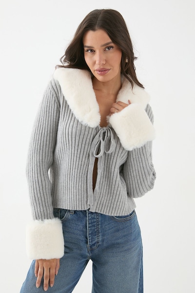 MissPap Knitted Rib Fur Trim Tie Detail Front Jumper Grey