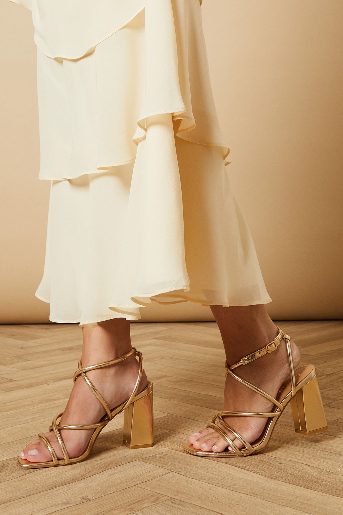 Oasis Molly Faux Leather Strappy High Block Heeled Sandals Gold image 2