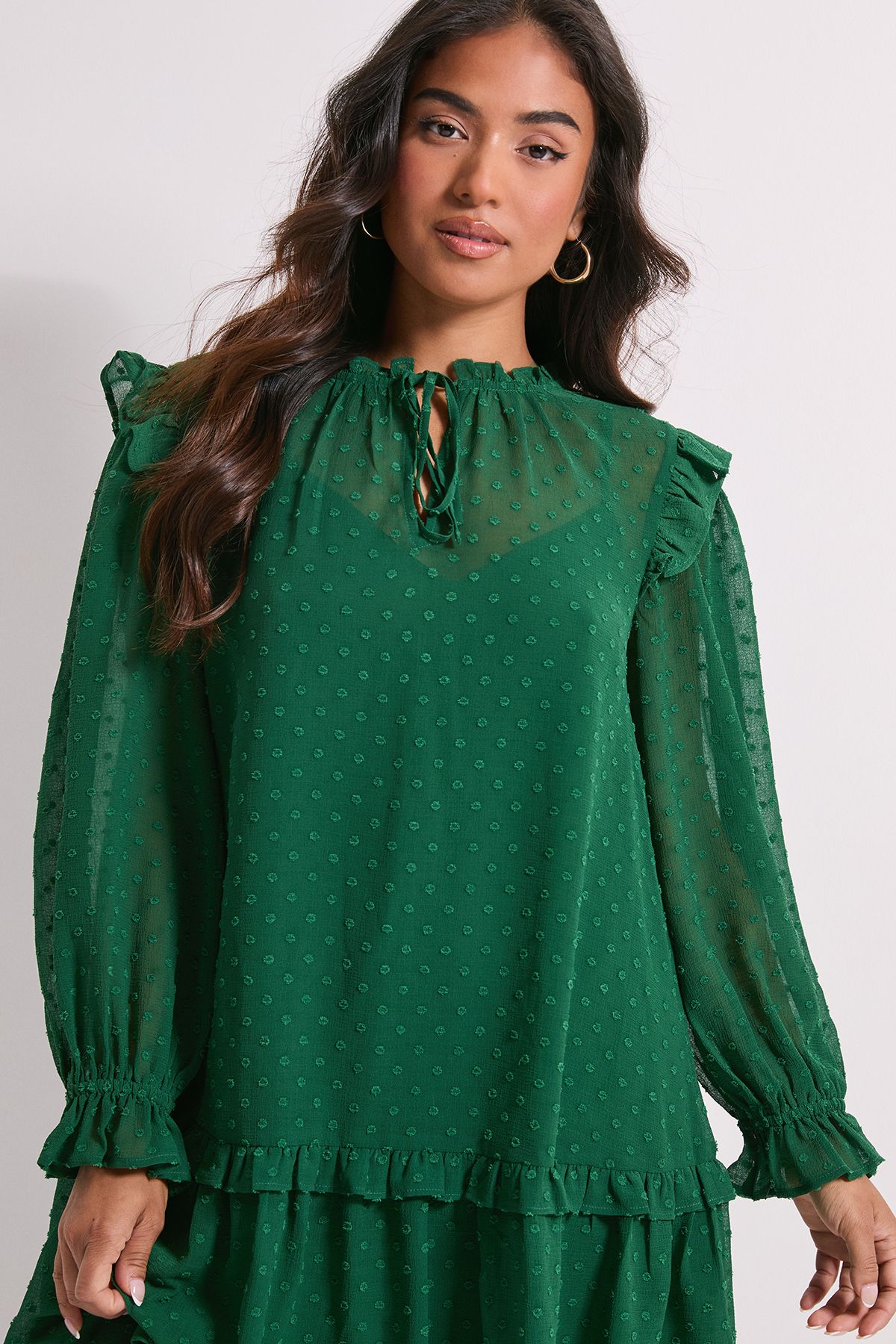 Dorothy Perkins Petite Tiered Hem Tie Neck Shift Dress Green image 4