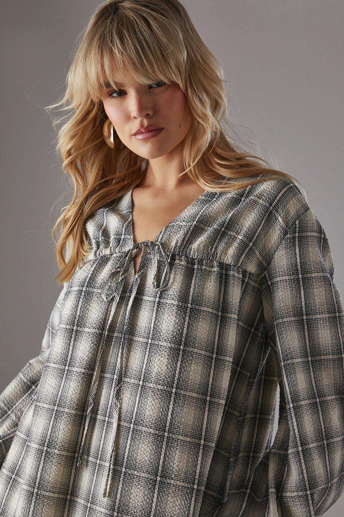 Warehouse Gathered Channel Detail Check Midi Smock Dress Ivory image 4