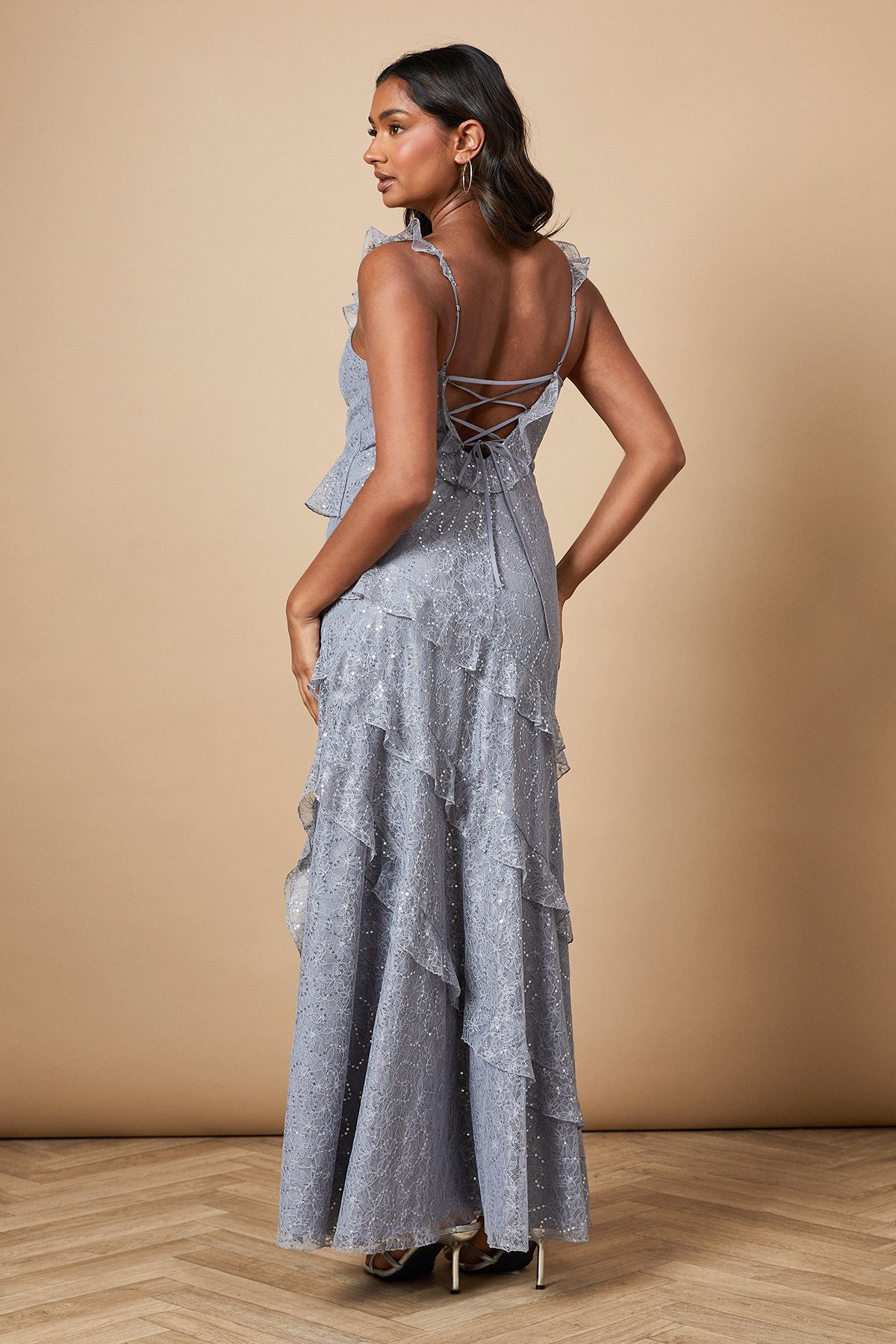 Oasis Sequin Lace Ruffle Detail Midaxi Dress Slate Grey image 3