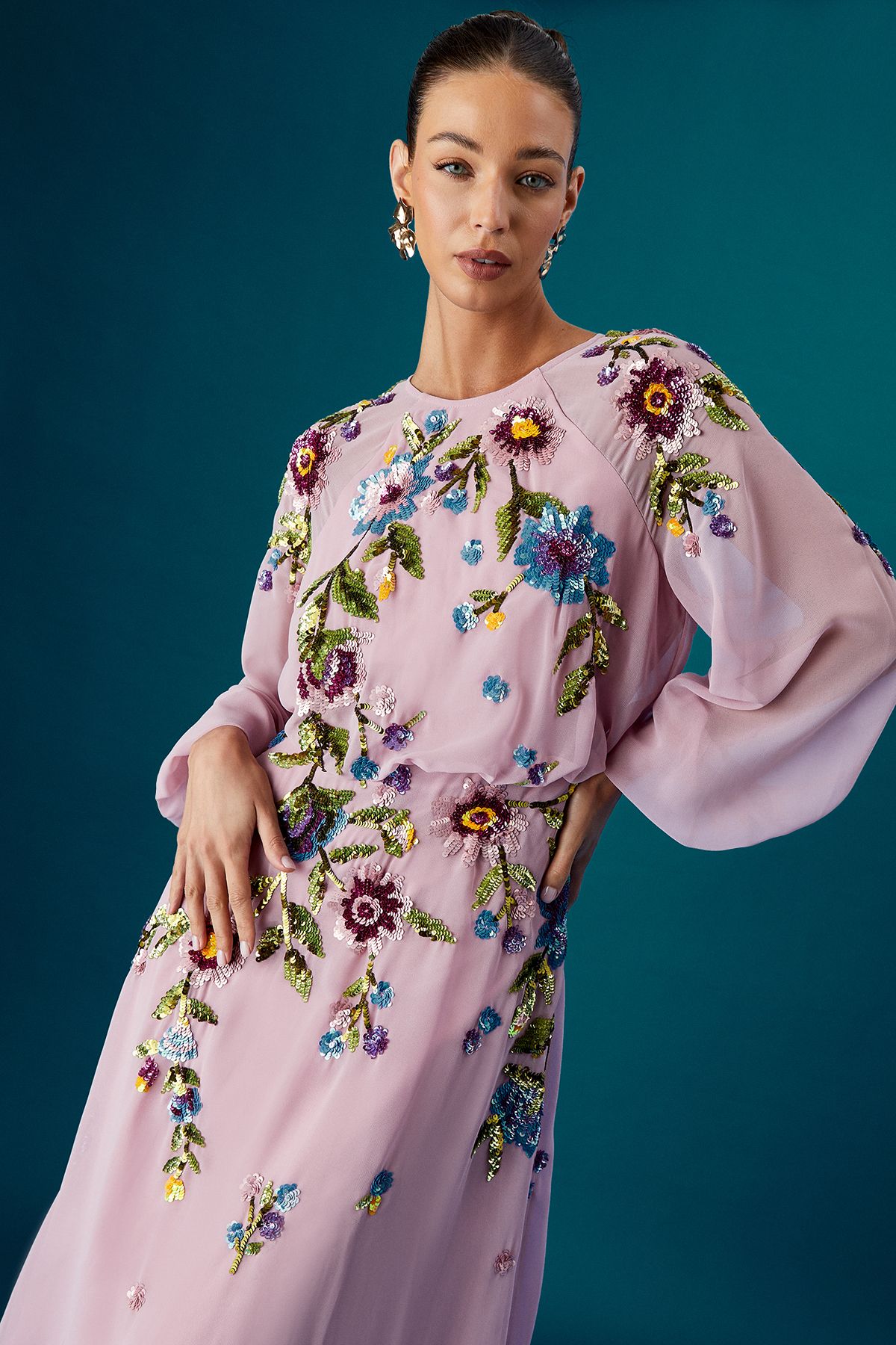 Coast Coast Muse Long Sleeve Embellished Sequin Midi Dress Rose image 2