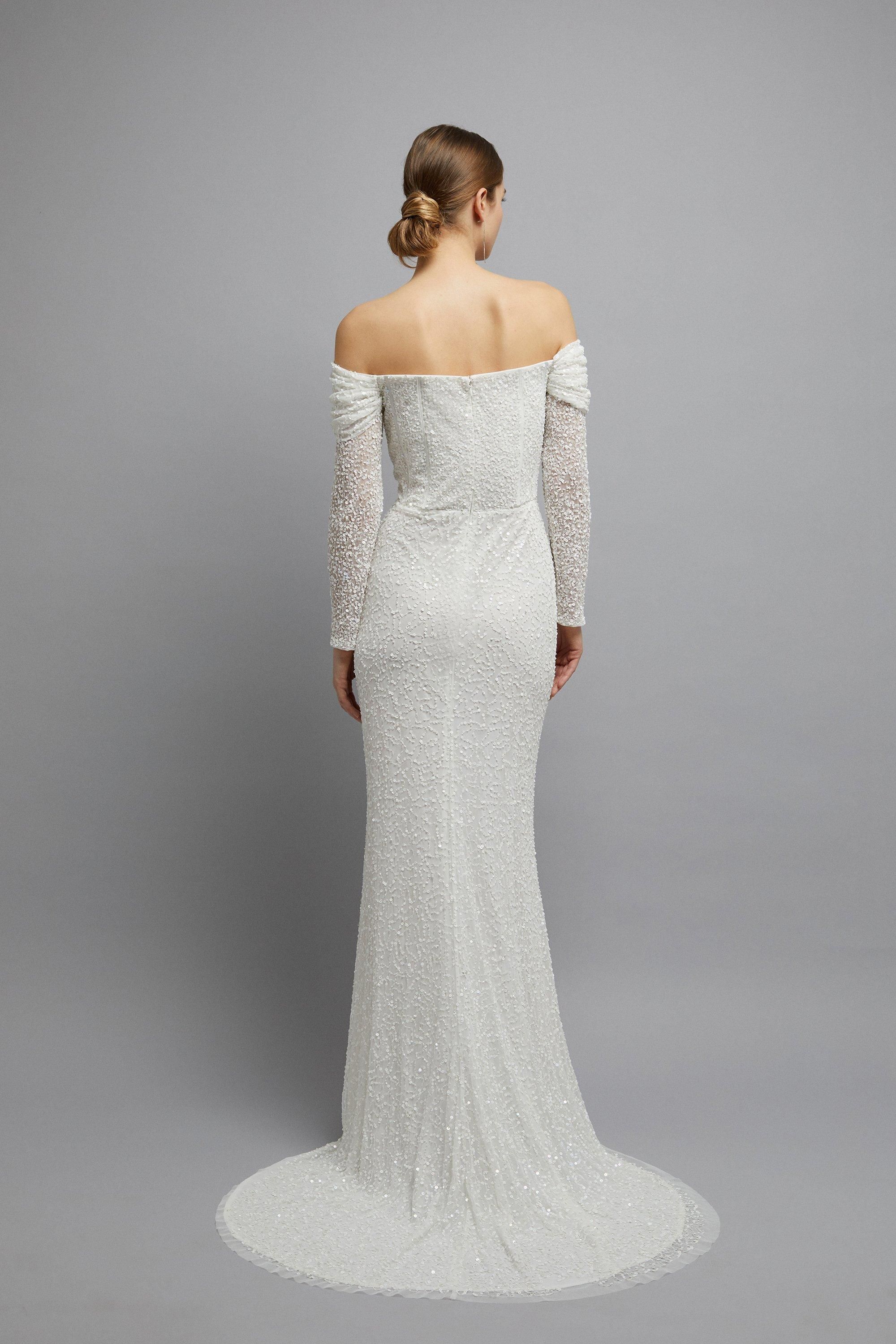 Coast Coast Honoured Sequin Draped Bardot Long Sleeve Maxi Wedding Dress Ivory image 3