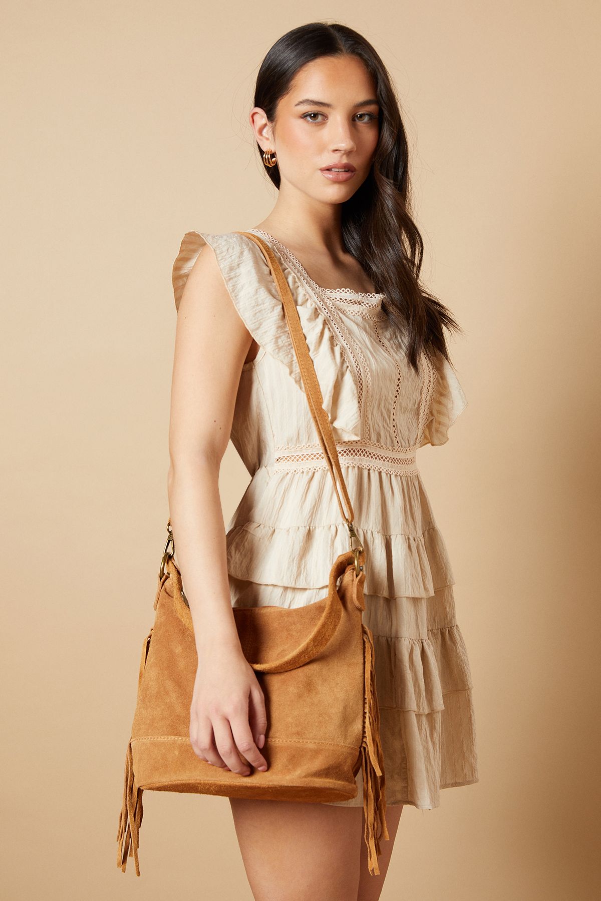 Oasis Aderelle Suede Tassel Detail Shoulder Bag With Strap Tan image 1