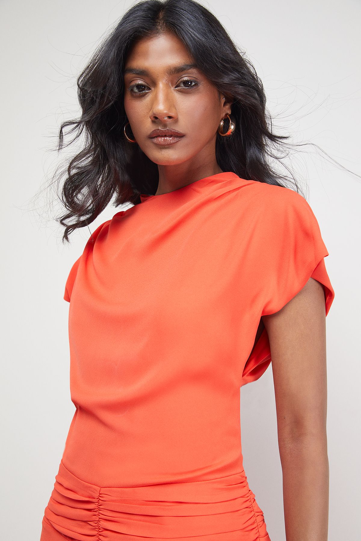 Warehouse Chiffon Grown On Sleeve Drop Waist Midi Dress Orange image 4