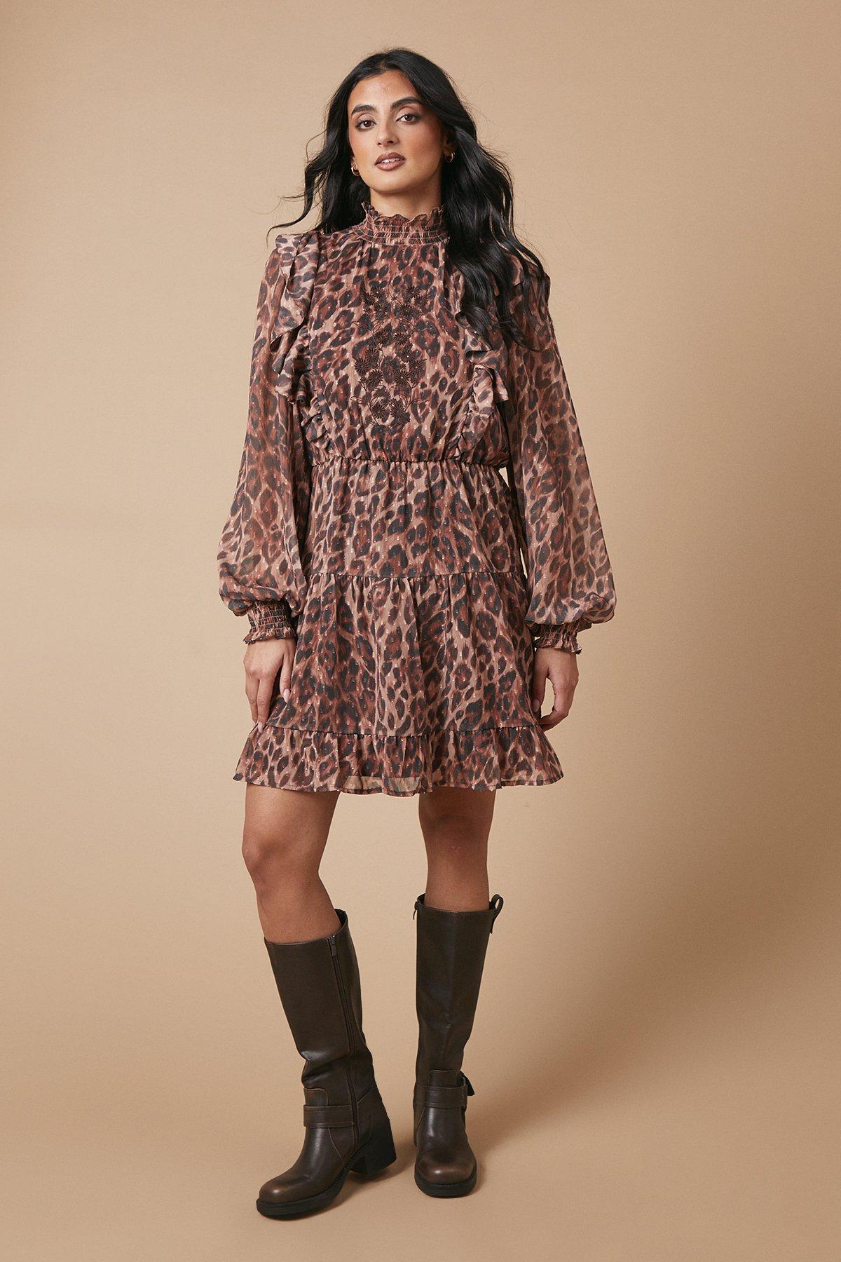 Oasis Animal Print Embroidered Dobby Chiffon Mini Dress Brown image 2