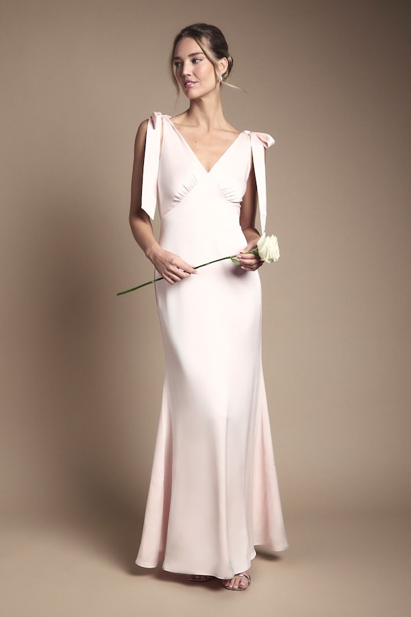 Coast Coast Honoured Satin Back Crepe V Neck Tie Shoulder Maxi Bridesmaid Dress Blush