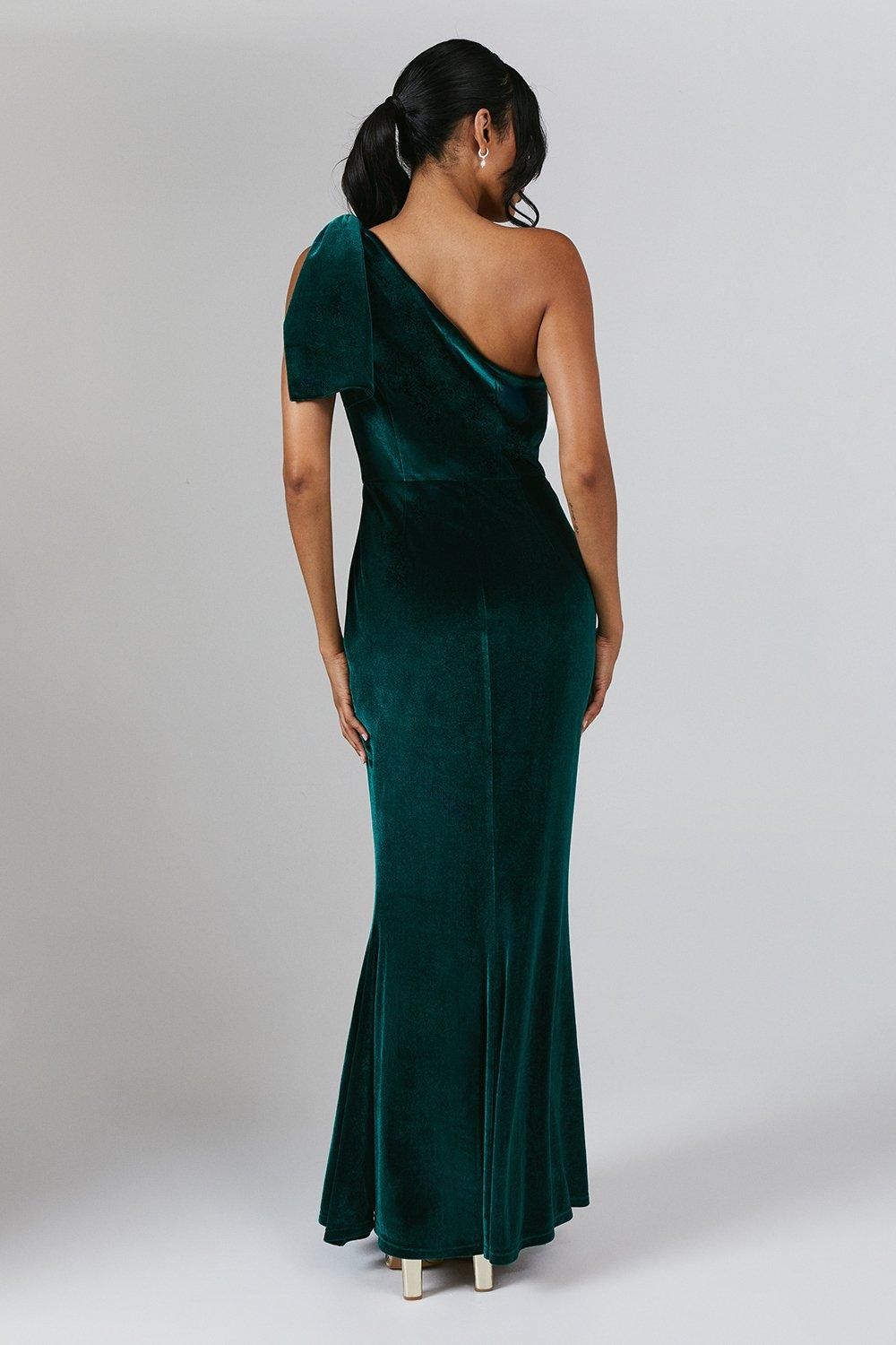 Coast Bow One Shoulder Velvet Bridesmaid Maxi Dress Emerald image 3