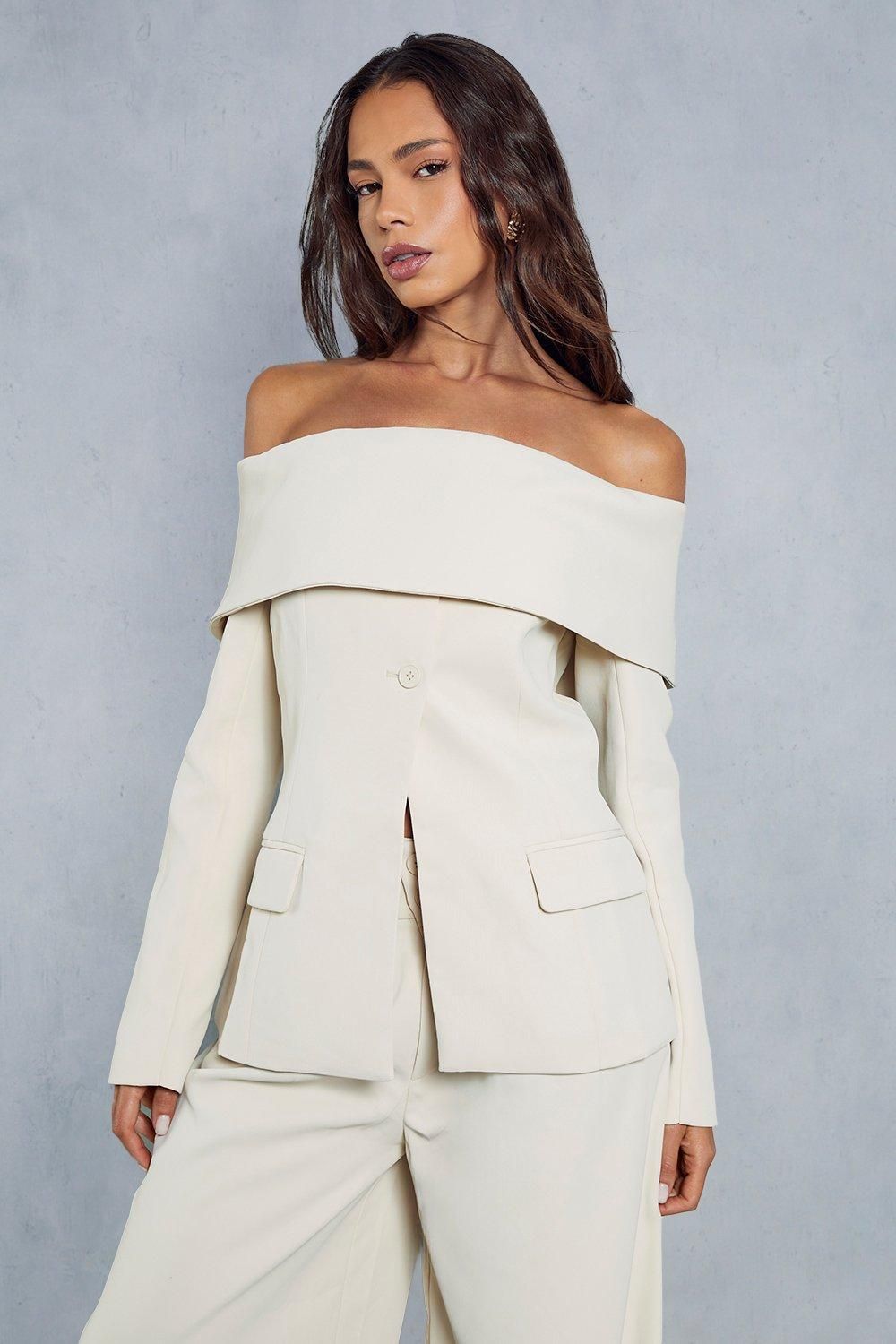 MissPap Tailored Bardot Fitted Blazer Top Stone image 1