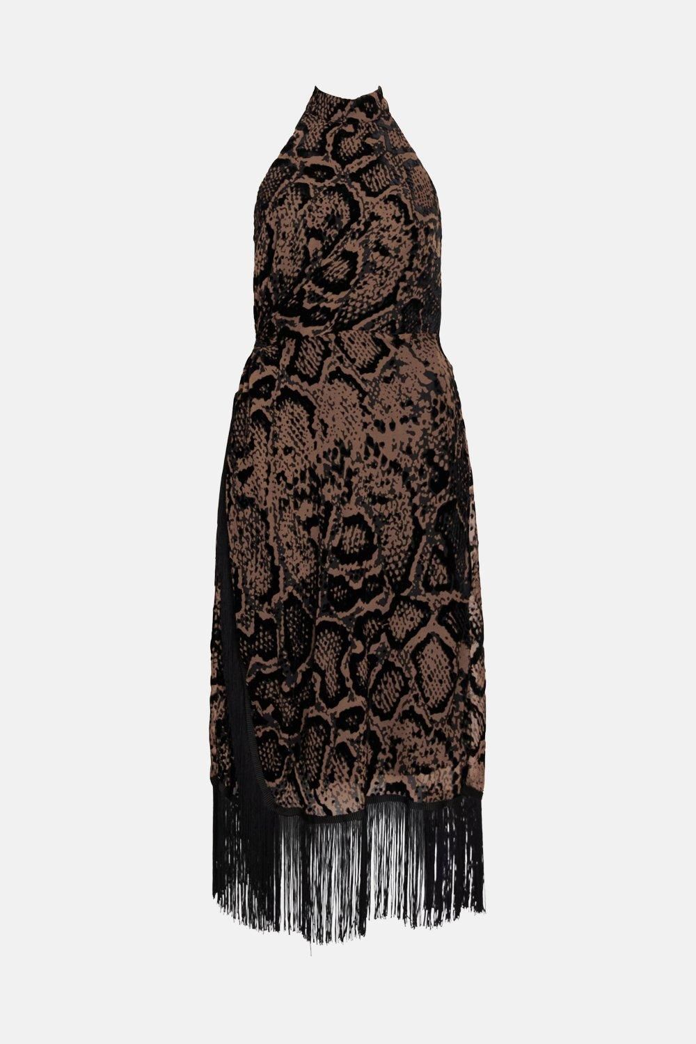Warehouse Snake Devore Tassel Midi Dress Nude image 4