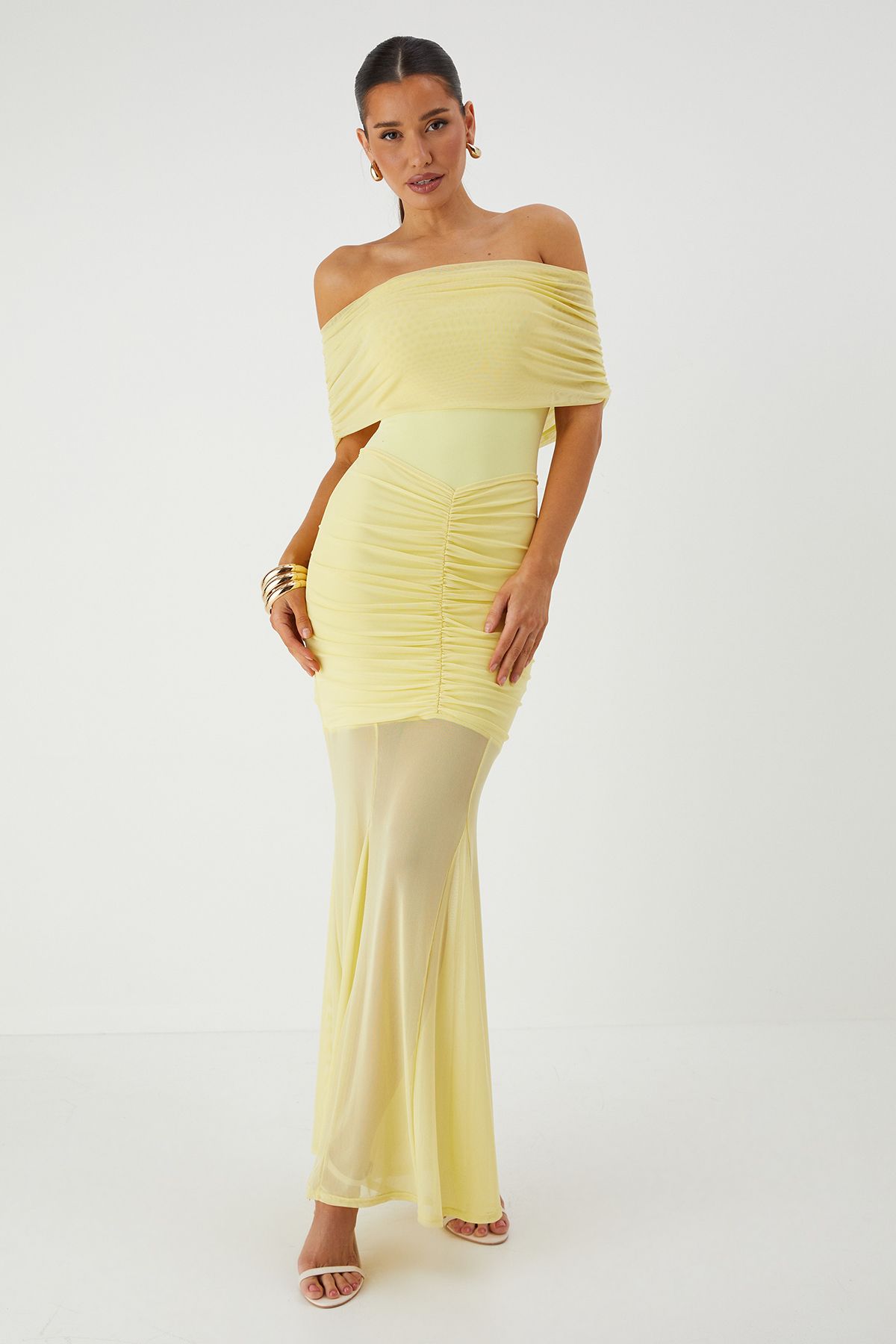 MissPap Off Shoulder Mesh Overlay Maxi Dress Yellow image 1