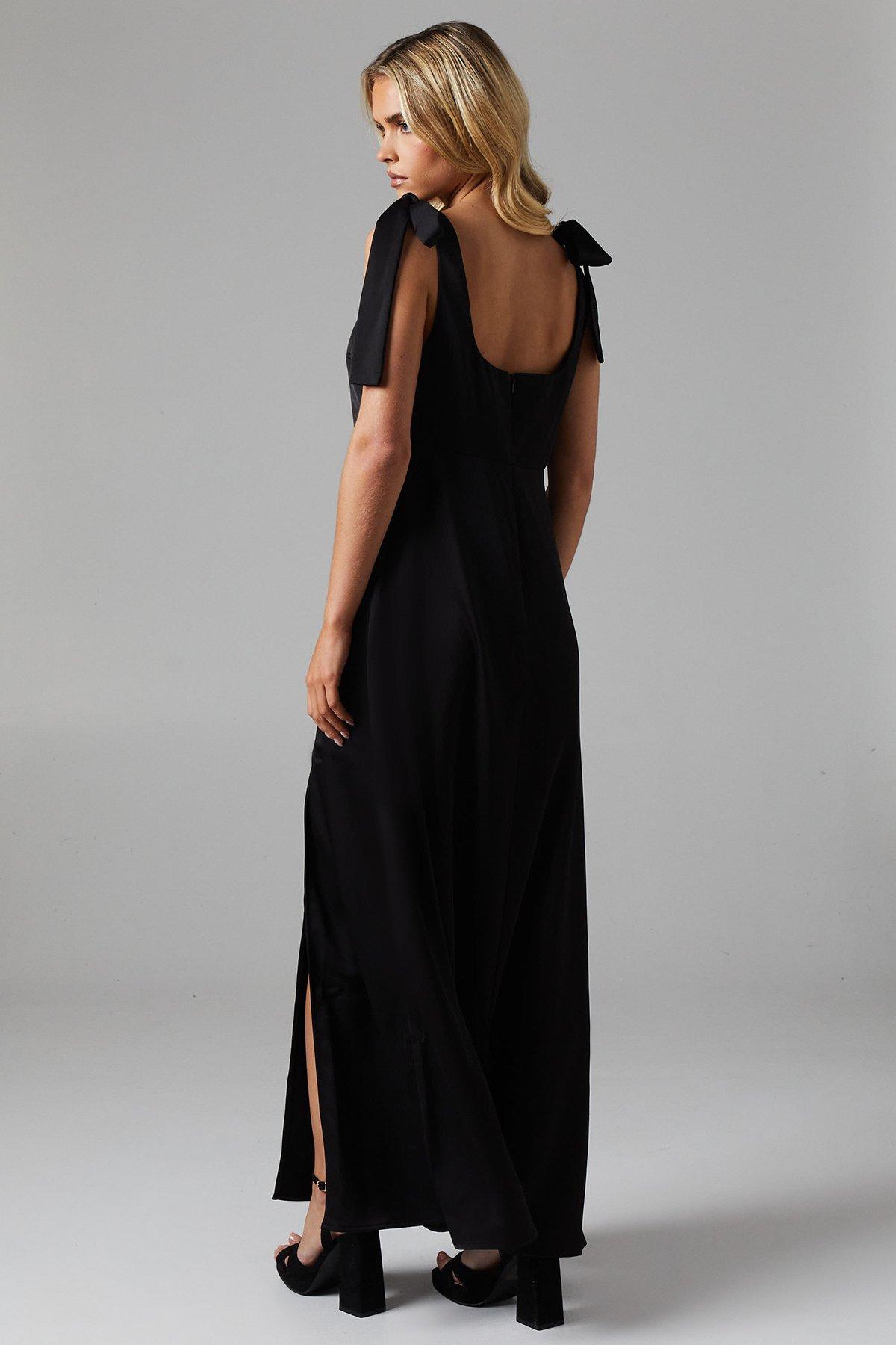 Oasis Petite Satin Tie Shoulder Midi Bridesmaids Dress Black image 3