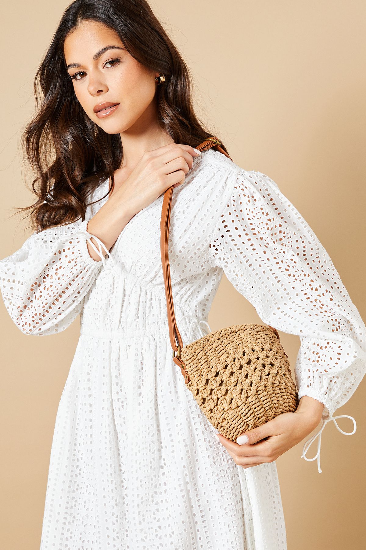 Oasis Sara Rattan Detail Bucket Bag Neutral image 1