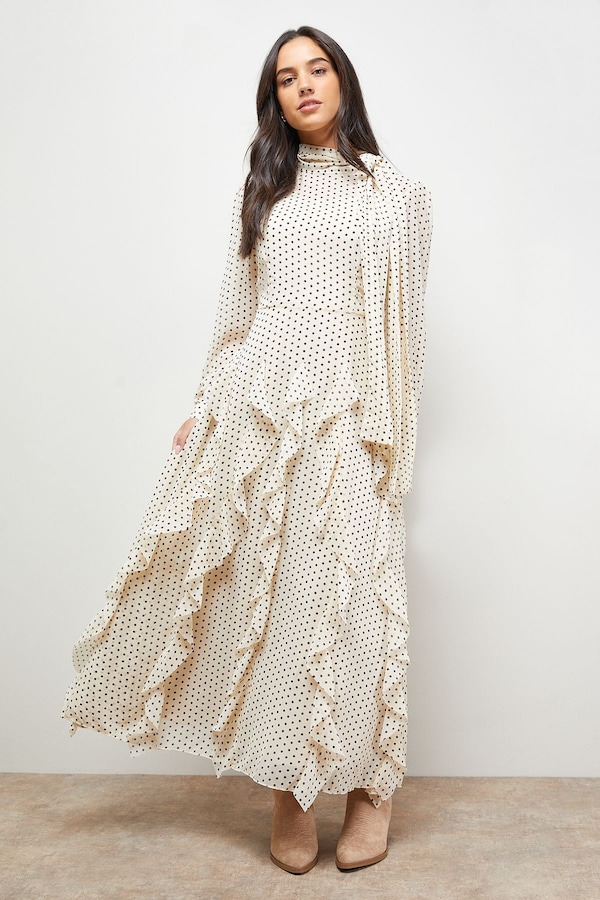 Oasis Printed Frill Detail Tie Neck Midaxi Dress Ivory