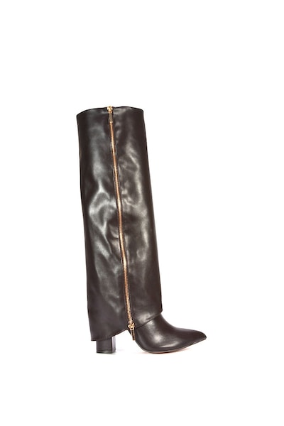 XY London 'Allie' Knee High Fold Over Pointed Toe Boots With Zip Detail