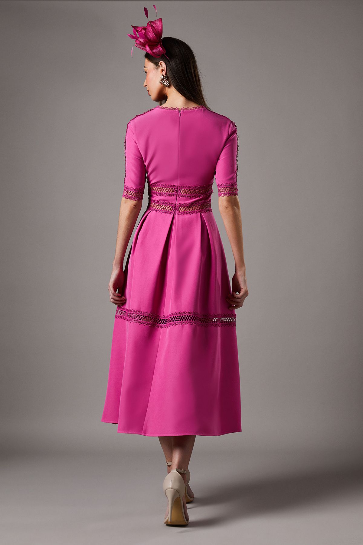 Coast Crochet Insert Crepe V Neck Midi Dress Pink image 3