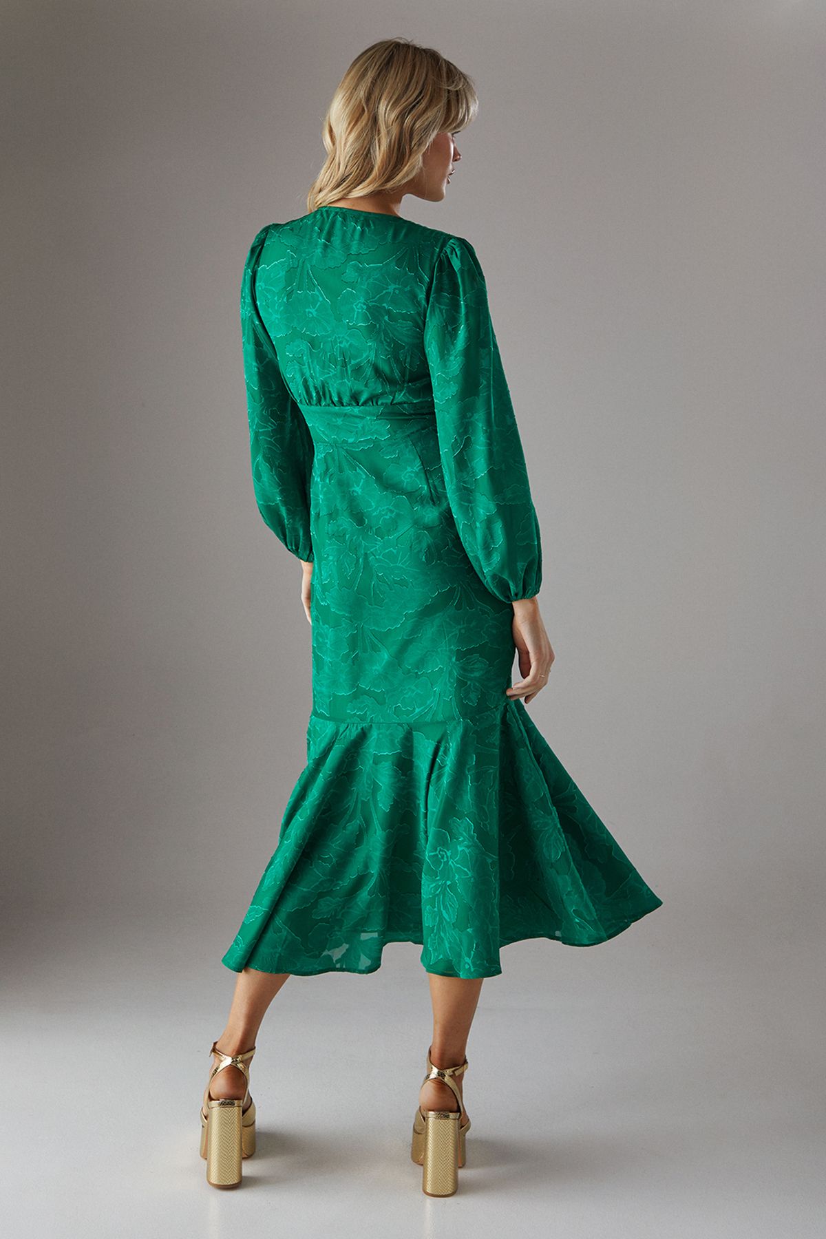 Warehouse Burnout Button Front Plunge Neck Maxi Dress Green image 3