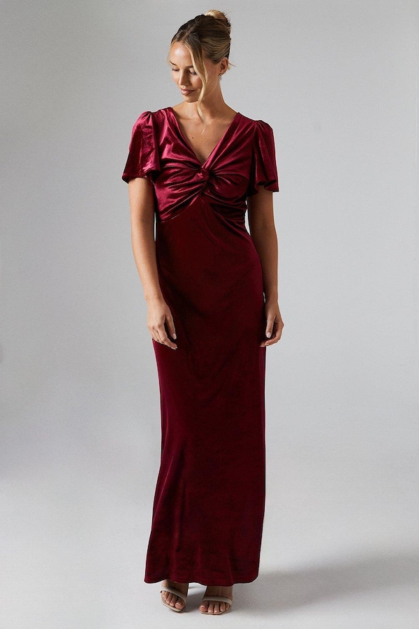 Oasis Velvet Twist Front Bridesmaids Maxi Dress Berry