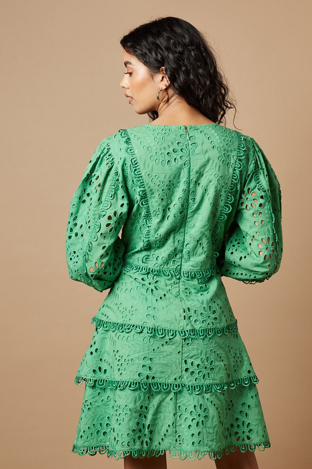 Oasis Petite Broderie Lace Trim Tiered Mini Dress Green image 3