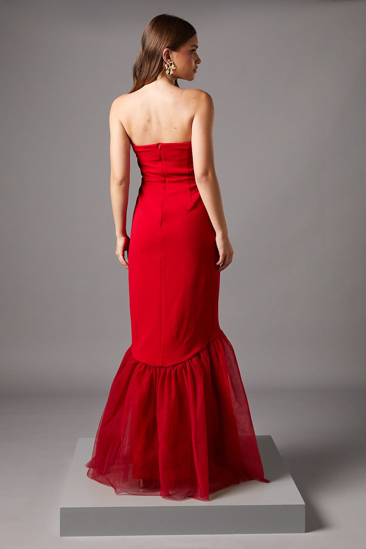 Coast Strapless Fitted Maxi Dress with Tulle Fishtail Hem Red image 3