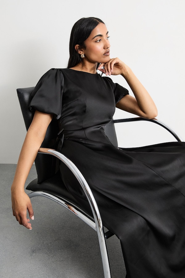 Warehouse Heavy Satin Bow Detail Godet Midi Dress Black