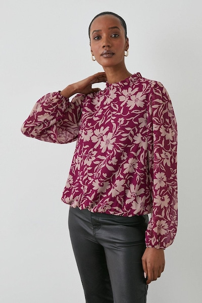 Principles Floral Print Ruffle Neck Bubble Hem Top Plum
