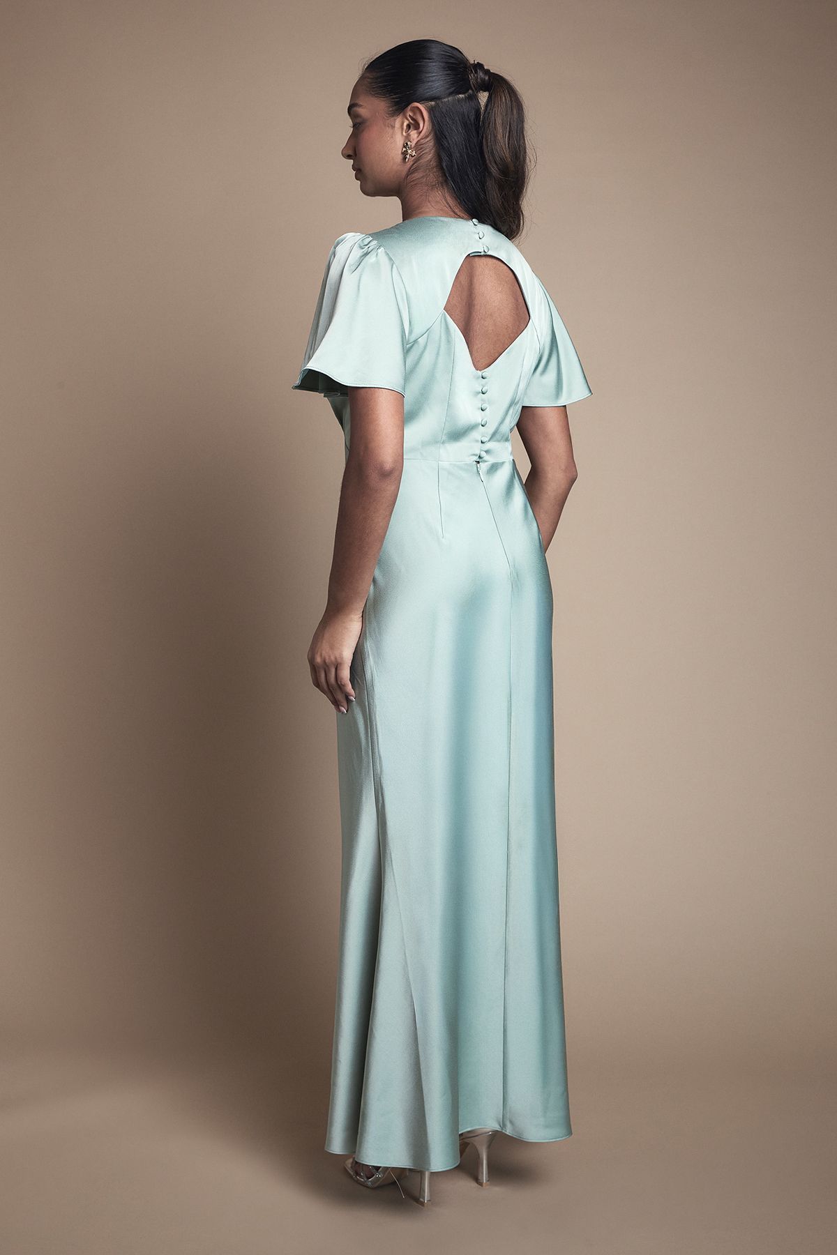 Oasis Deep V Fluted Sleeve Maxi Bridesmaid Dress Sage image 3