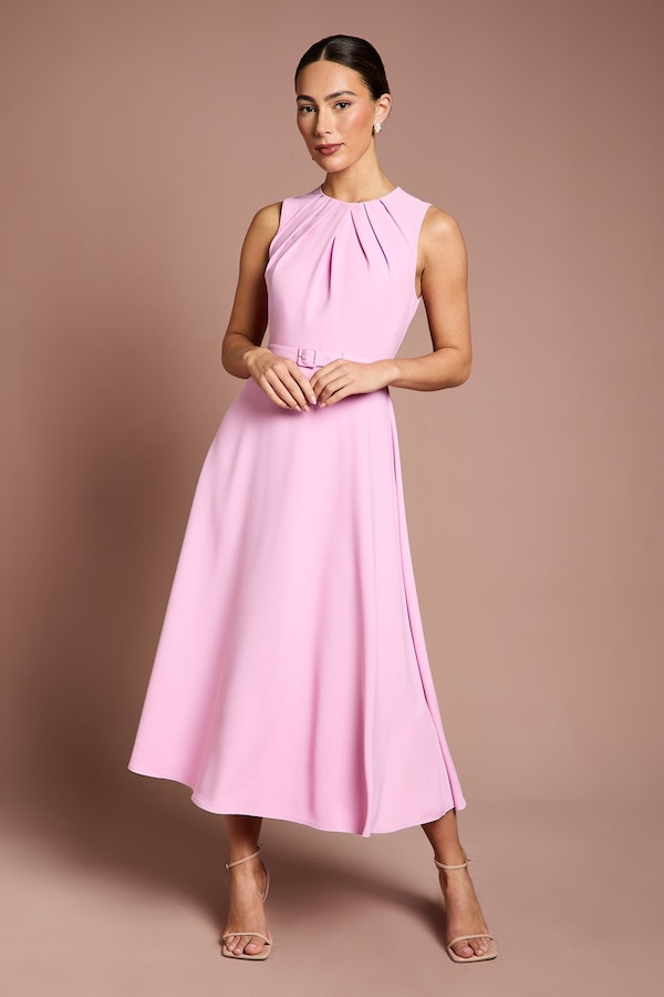 Coast Pleated Neckline Belted Hanky Hem Dress Pink