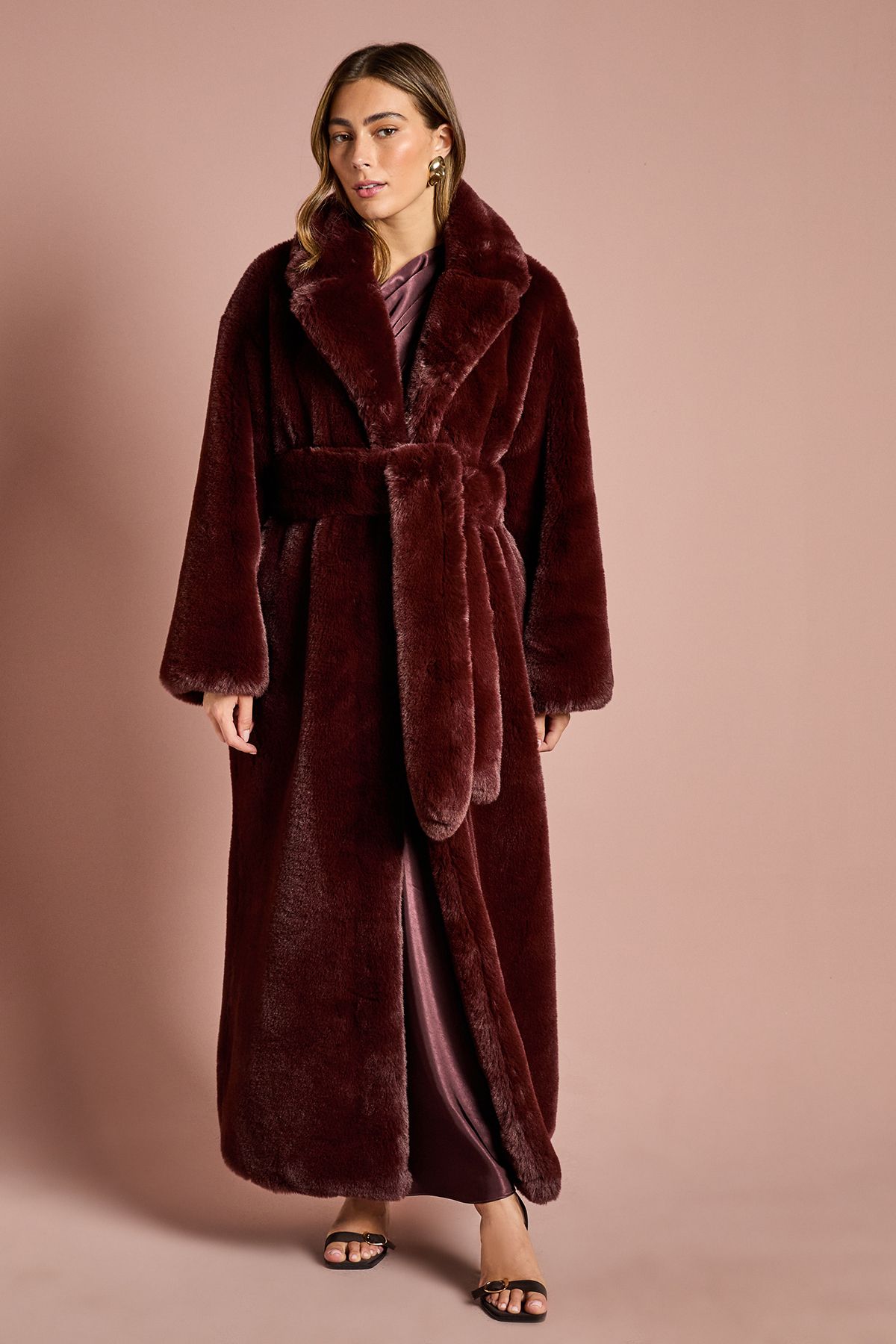 Coast Burgandy Occasion Belted Longline Faux Fur Coat Burgundy image 1