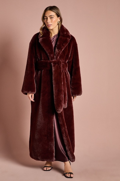 Coast Burgandy Occasion Belted Longline Faux Fur Coat Burgundy
