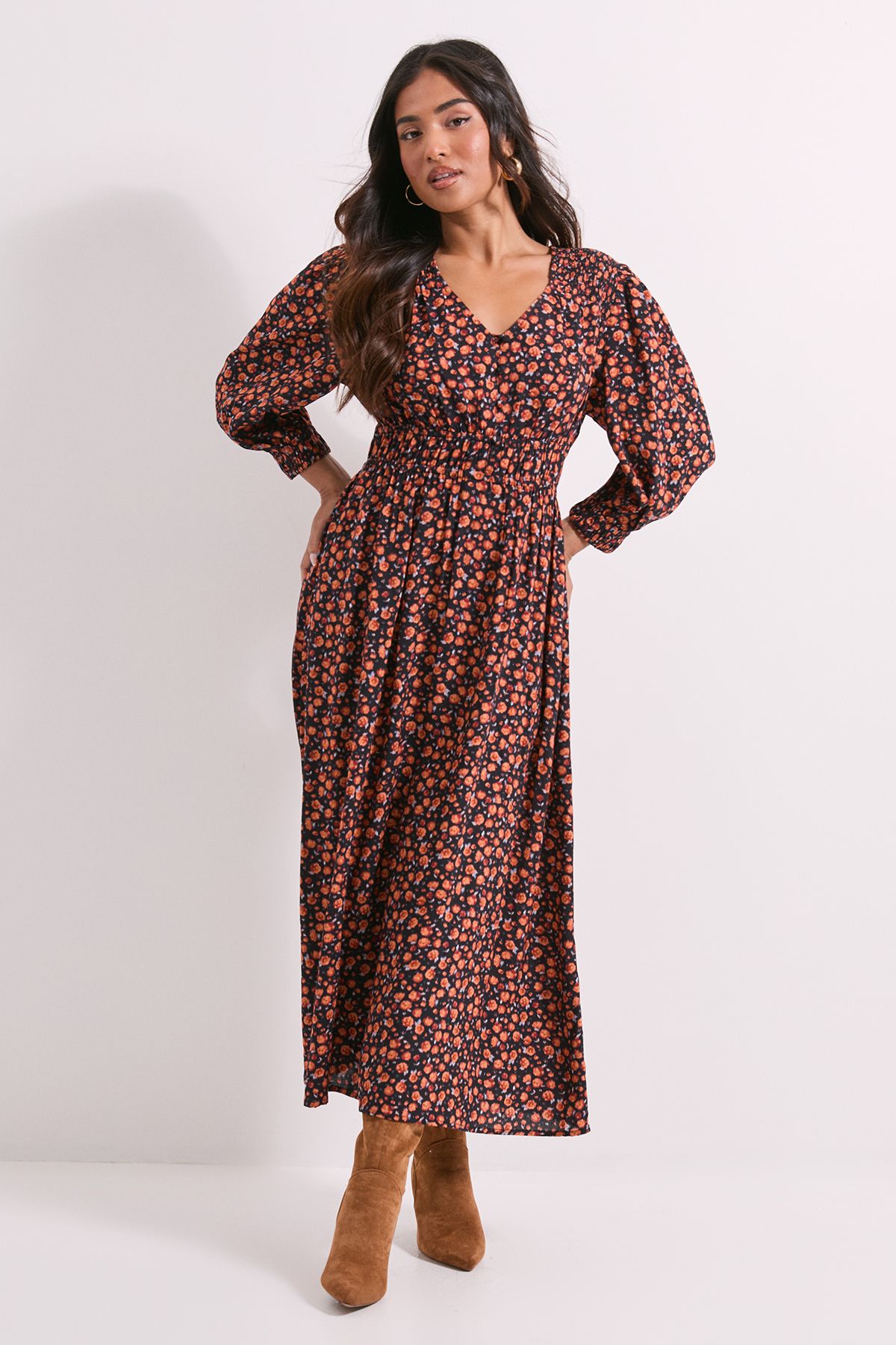 Dorothy Perkins Petite Shirred Detail Blouson Sleeve Midi Dress Orange image 1