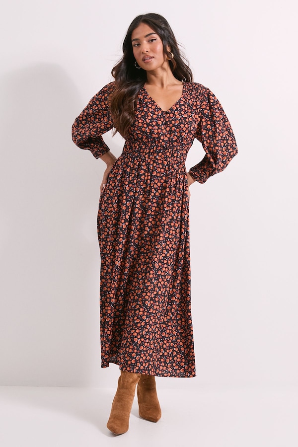 Dorothy Perkins Petite Shirred Detail Blouson Sleeve Midi Dress Orange