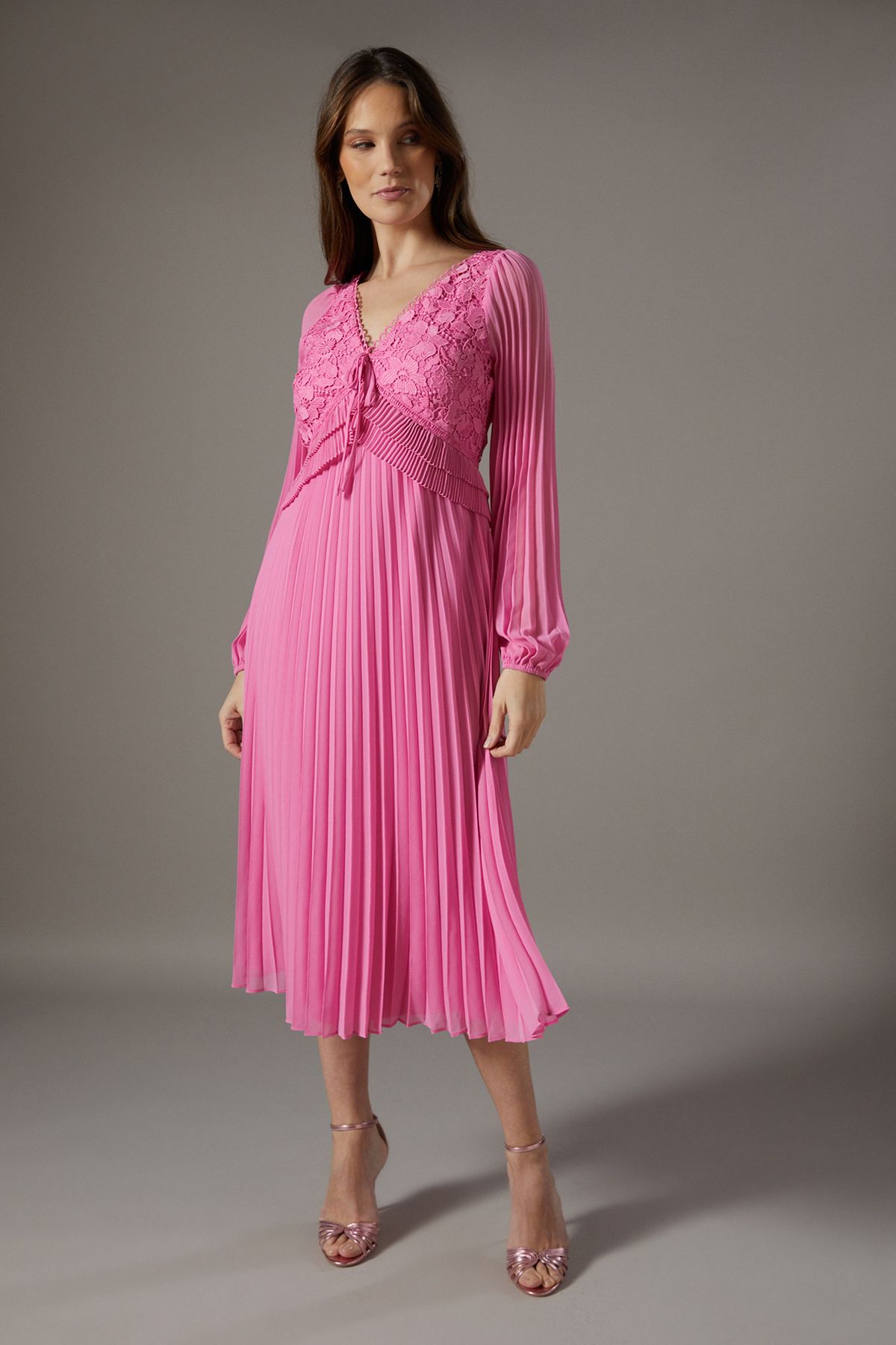 Coast Lace Insert Long Sleeve Pleat Dress Pink image 1
