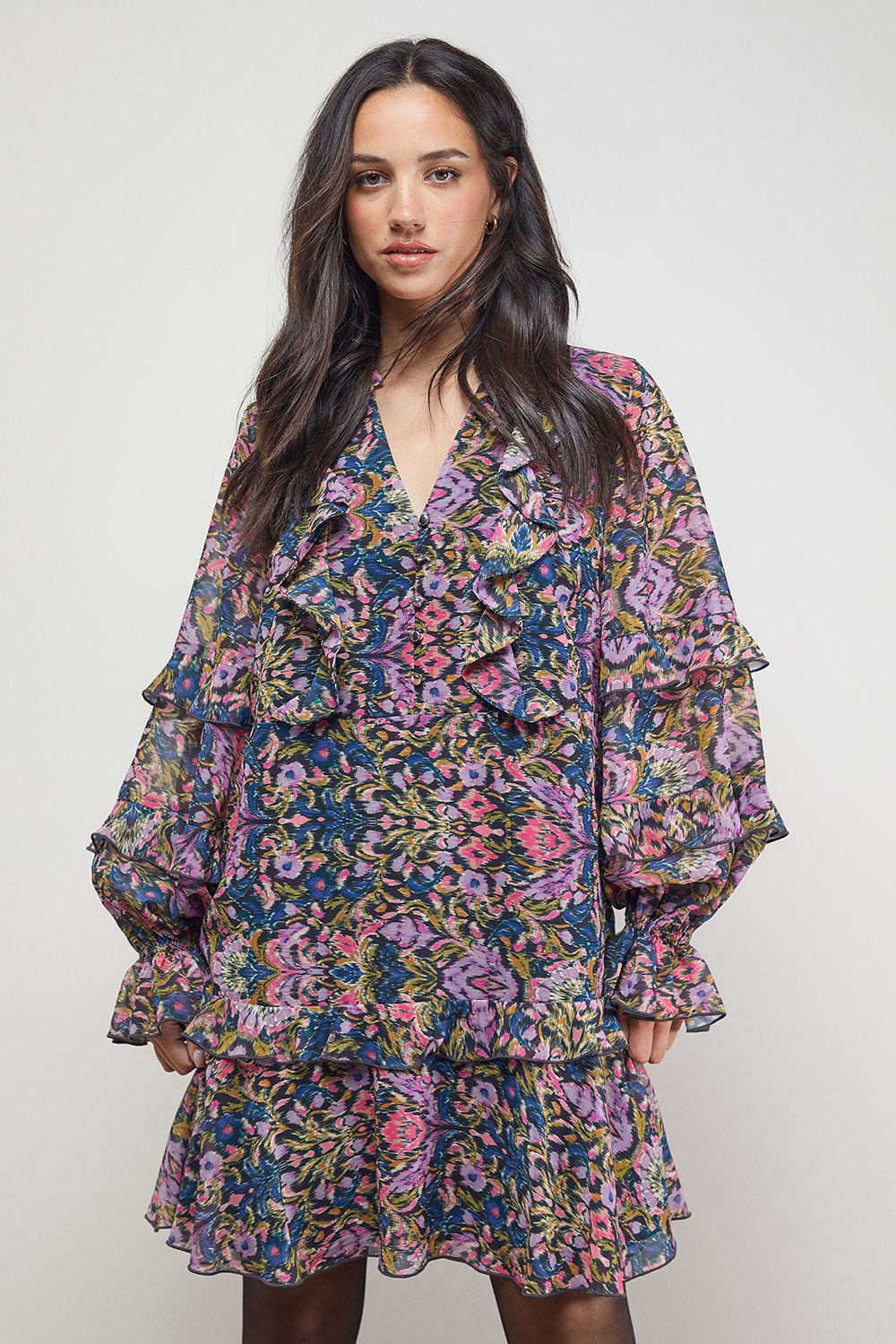 Oasis Printed Boho Ruffle Button Down Mini Dress Multi image 4