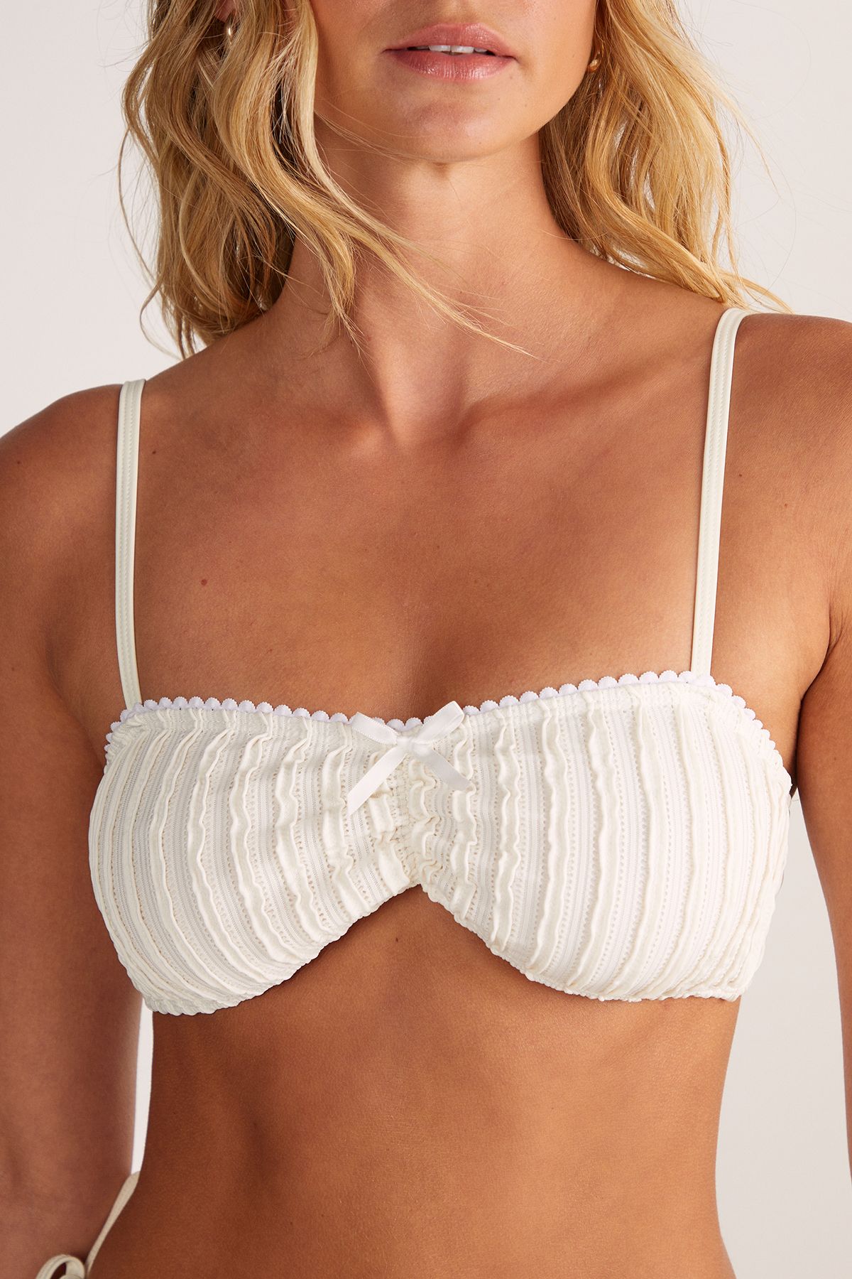 NastyGal Textured Lace Trim Bow Ruched Crop Tie Side Bikini Set Cream image 3