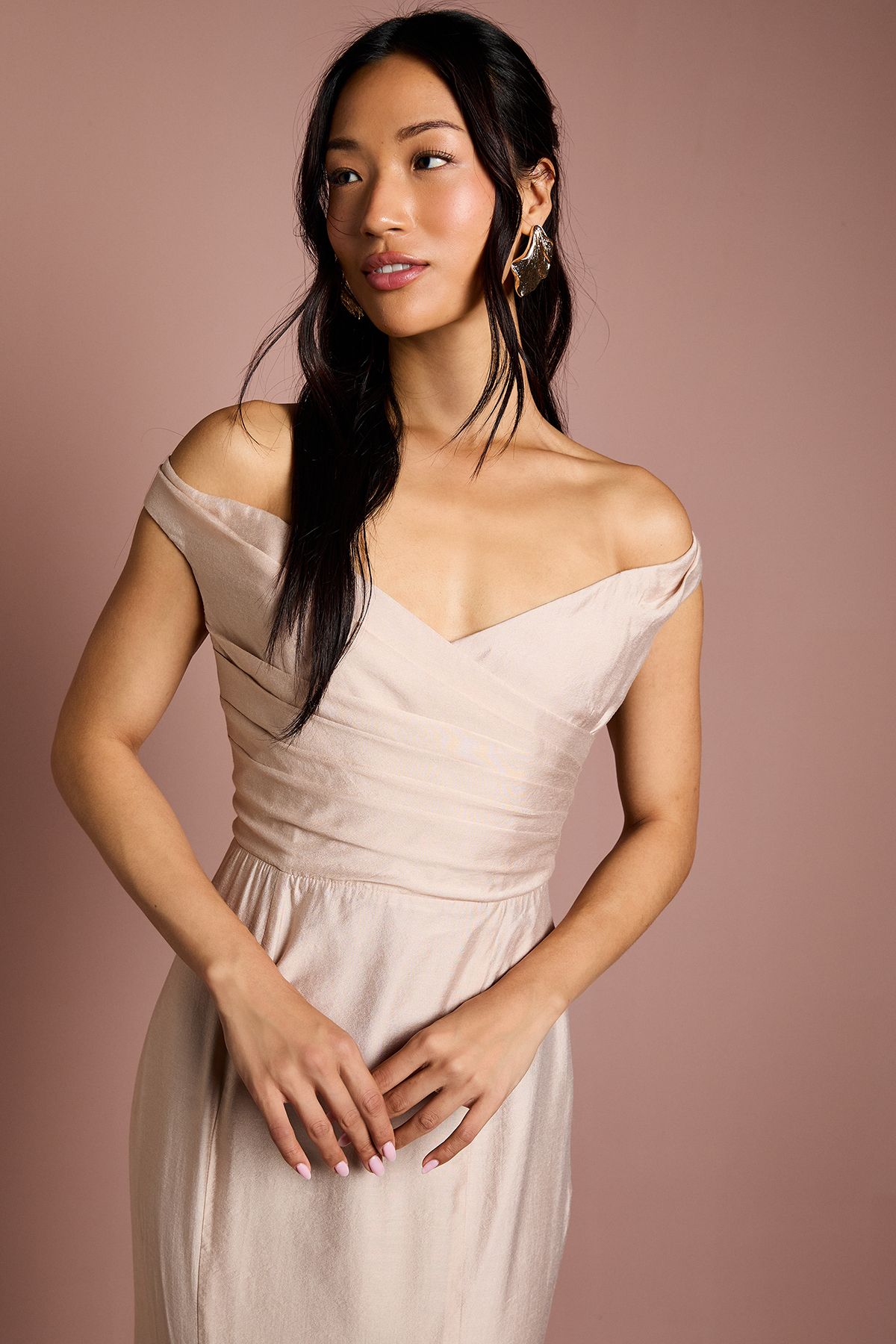 Coast Bardot Gathered Satin Fishtail Bridesmaid Dress Mocha image 2