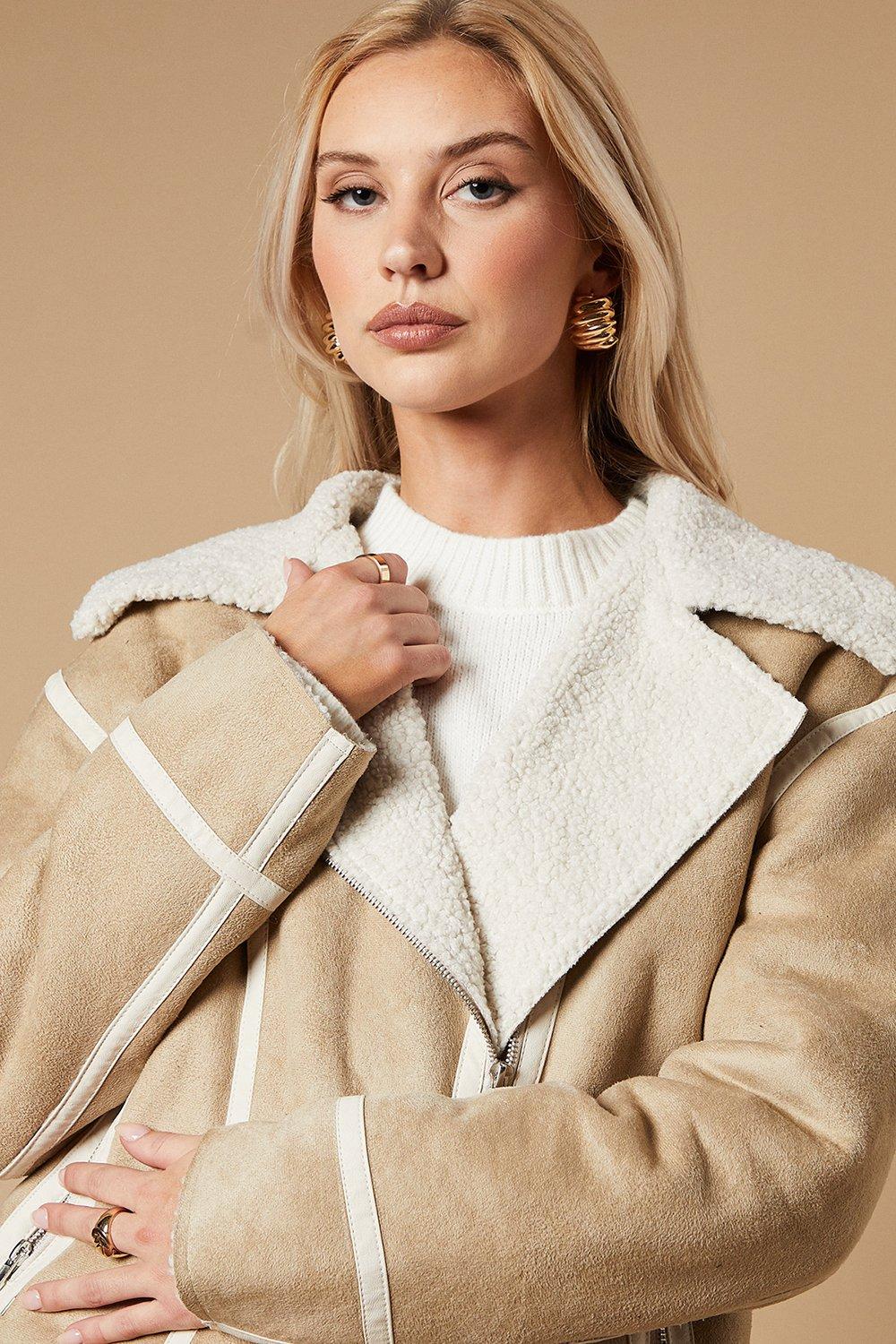 Oasis Zip Detail Suedette Aviator Jacket Stone image 2