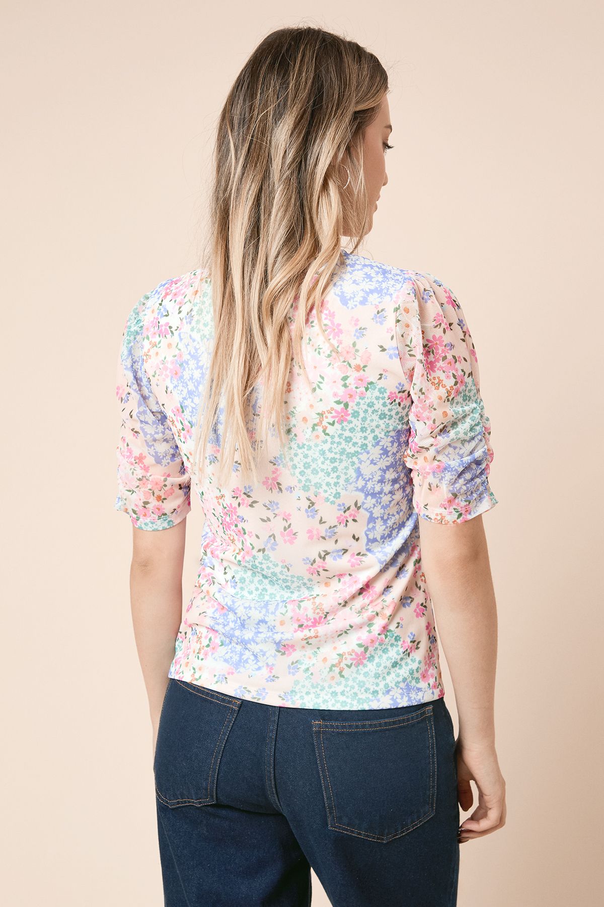 Dorothy Perkins Floral Gathered Neckline Puff Sleeve Mesh Jersey Top Floral image 4