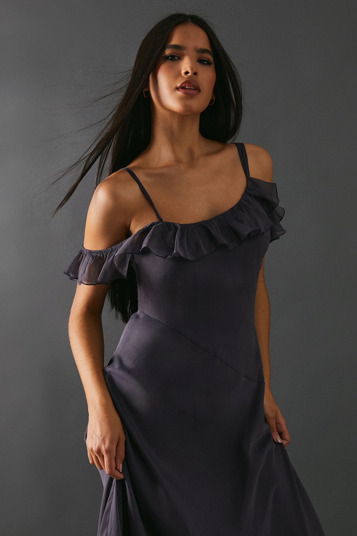 Warehouse Chiffon Asymmetric Hem Bias Ruffle Strappy Midaxi Dress Charcoal image 4